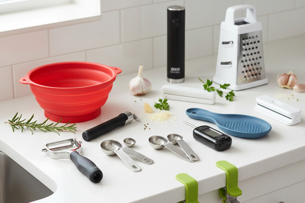 Amazon kitchen gadgets under $25 displayed in small apartment kitchen