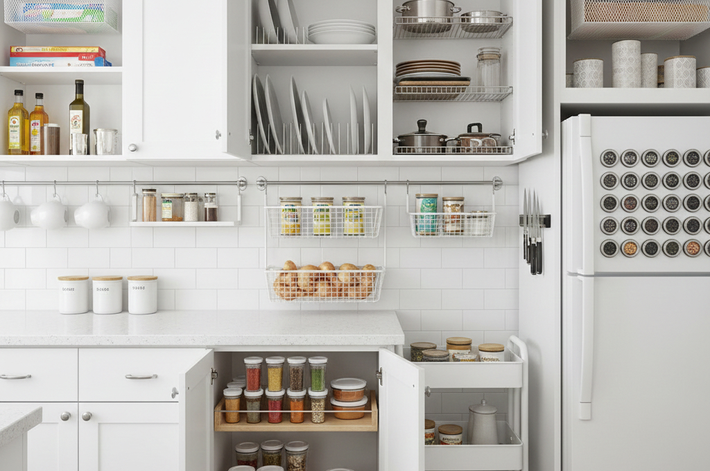 Apartment kitchen storage solutions organized in small rental kitchen