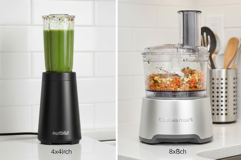 Compact blender vs food processor on small apartment kitchen counter