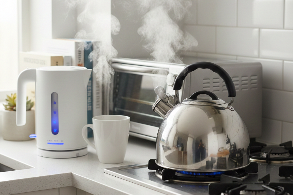 Electric kettle vs stovetop kettle side by side on apartment counter