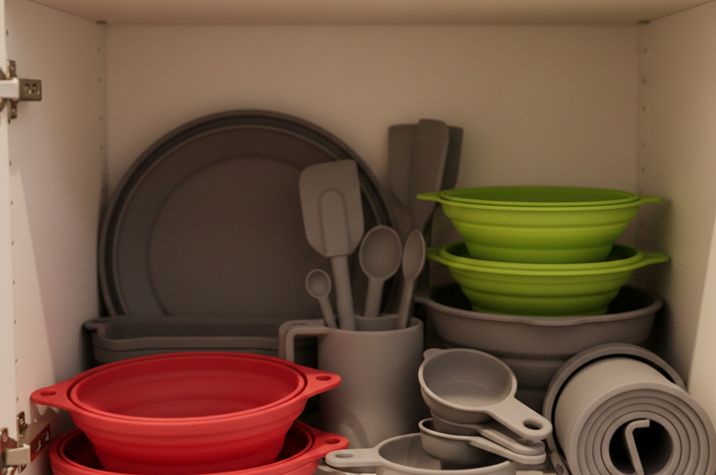 Foldable kitchen tools collapsed flat in small cabinet