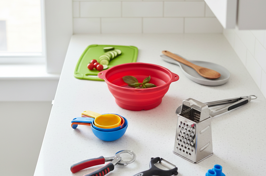 Kitchen gadgets under $30 arranged on small apartment counter