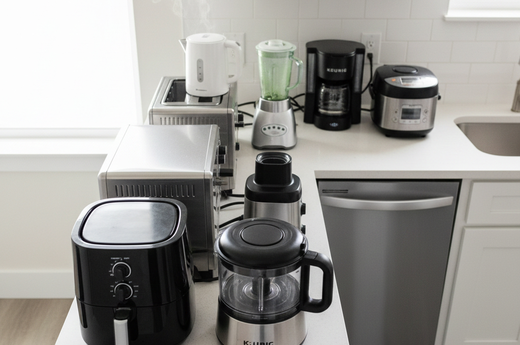 Mini kitchen appliances arranged on small apartment counter