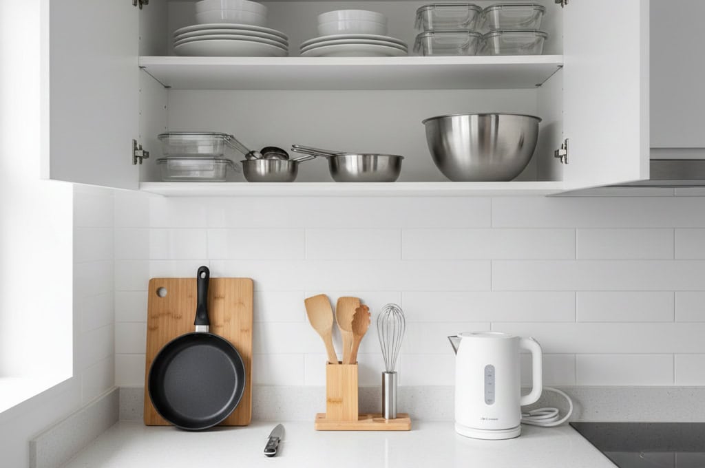 Minimalist kitchen essentials arranged in small apartment kitchen