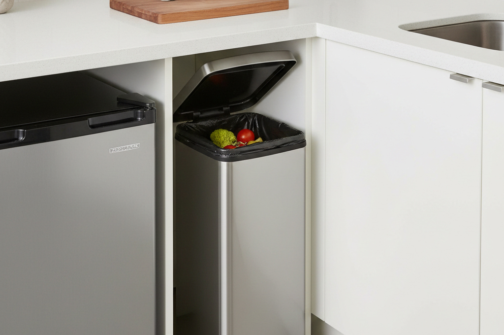 Narrow kitchen trash can in small apartment kitchen