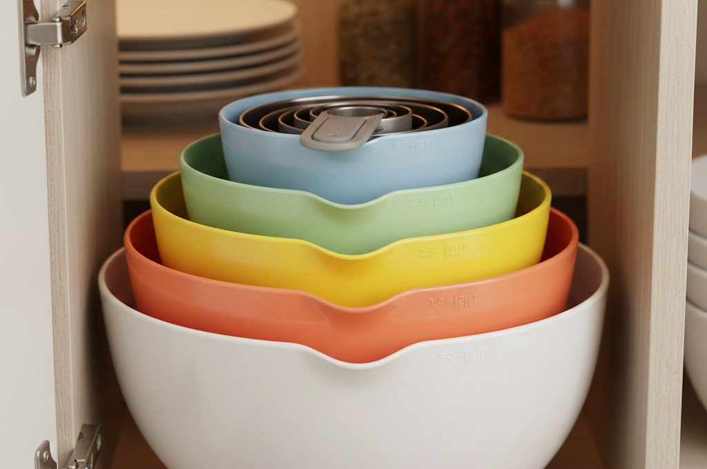 Nesting bowls and measuring cups stacked in small kitchen cabinet