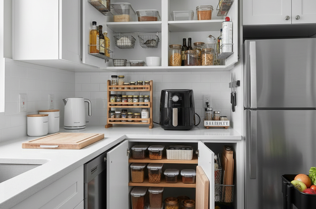 Organized small apartment kitchen with no pantry using creative storage