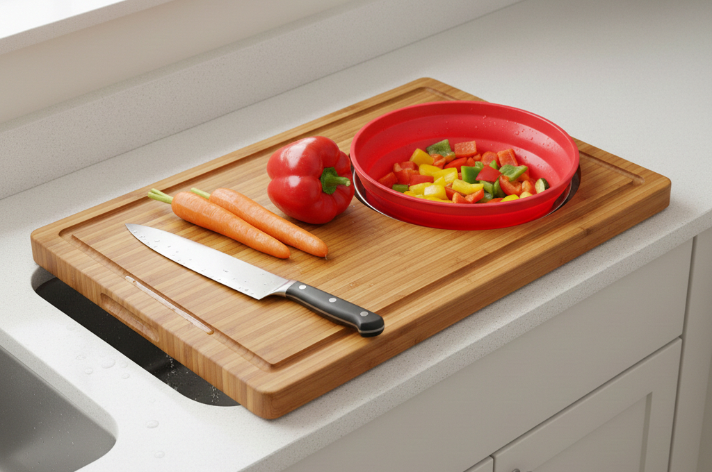 Over the sink cutting board with colander extended across kitchen sink