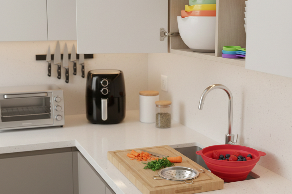 Space saving kitchen tools organized in small apartment kitchen