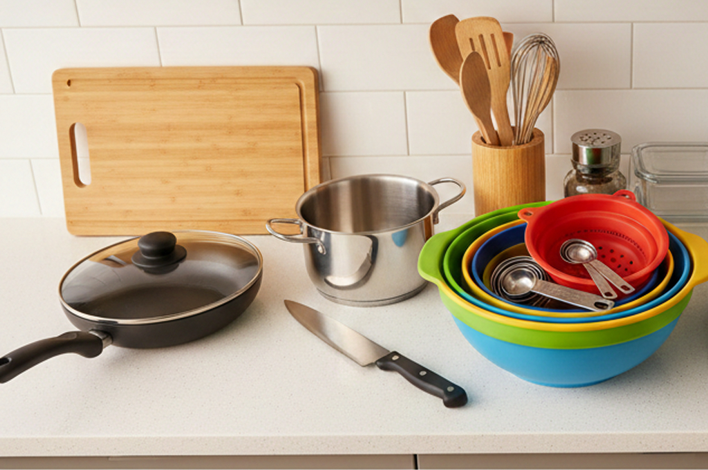 Apartment kitchen essentials checklist items arranged on counter