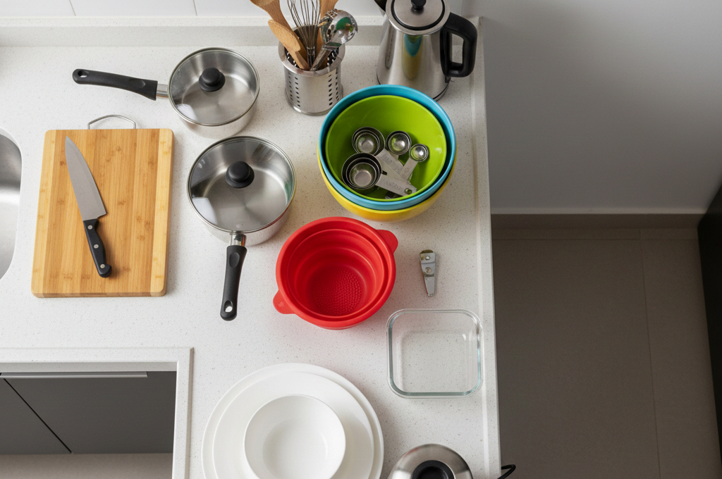 Essential kitchen items for 1BHK flat arranged in small kitchen