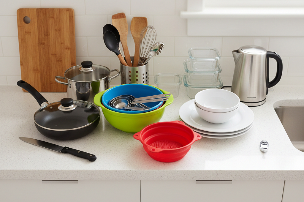First apartment kitchen checklist items laid out on counter