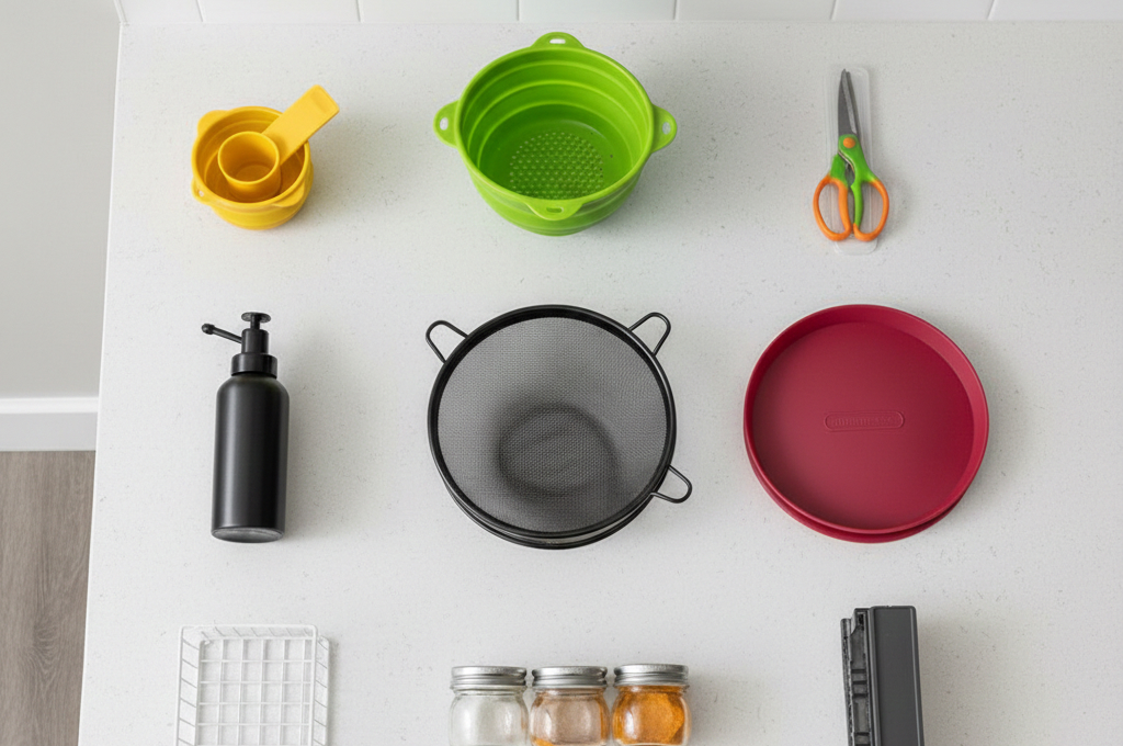 Kitchen gadgets under $20 arranged on small apartment counter
