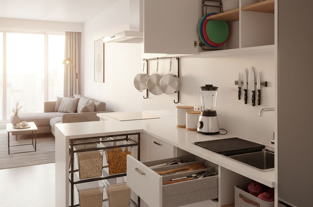 Kitchen organization studio apartment with open floor plan layout