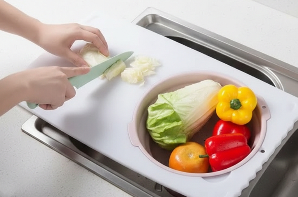 Over the sink cutting board with colander extended across kitchen sink