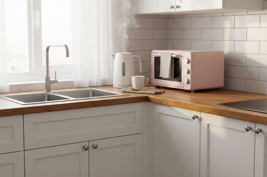 Small apartment kitchen with space-saving tools and organized storage