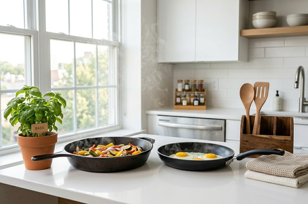 Cast iron vs nonstick pan comparison for small apartment kitchens