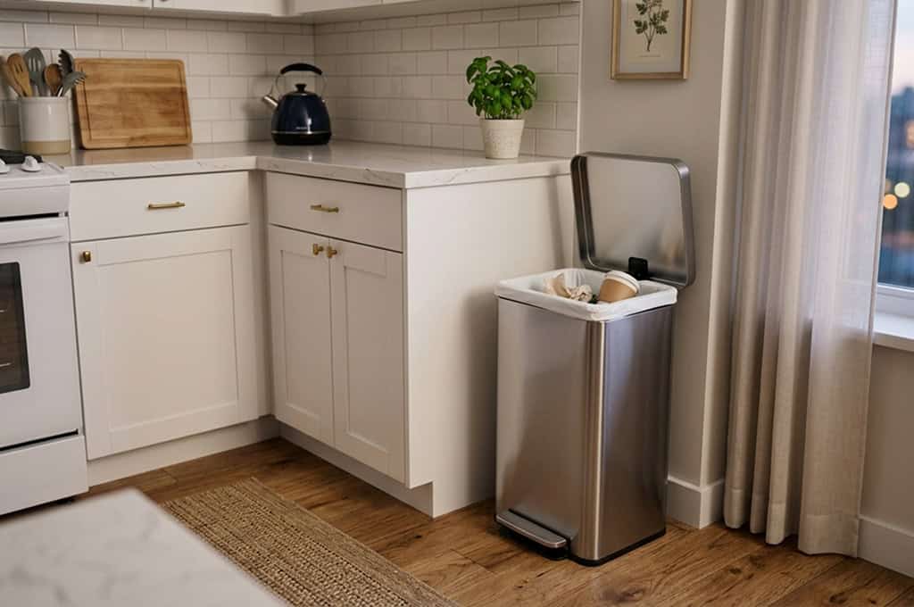 Best trash can for short people showing low-height and pull-out options for easy access in small kitchens