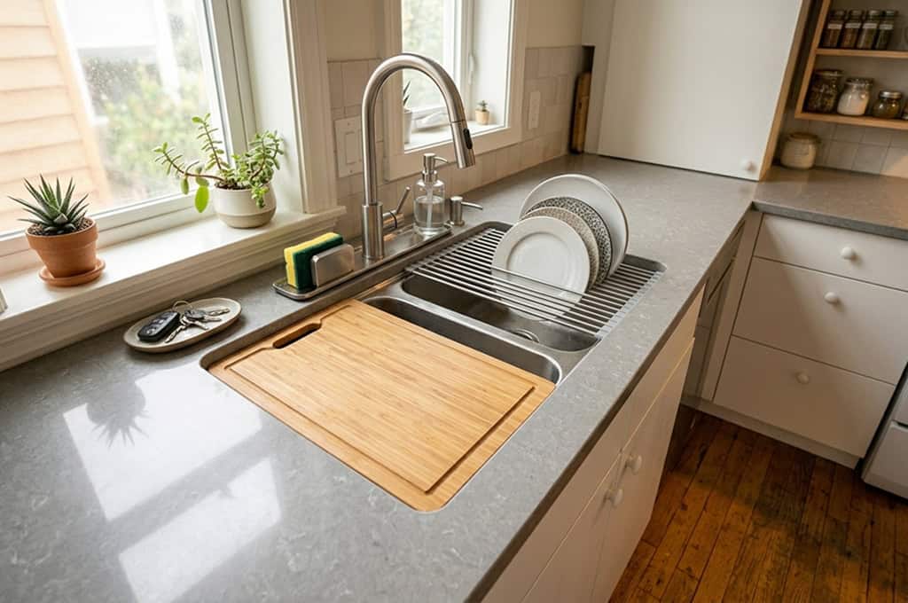 Kitchen sink accessories including over-sink cutting board roll-up dish rack and sink caddy creating counter space in small apartment kitchen