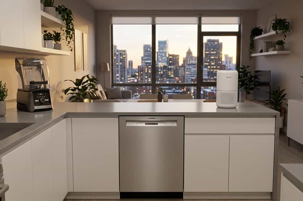 Quiet appliances for apartments including low-noise blender dishwasher and air purifier in small open-plan kitchen