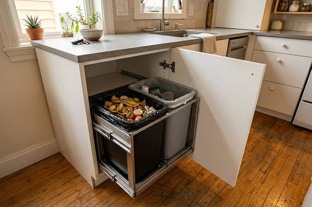 Slim trash cabinet installed in small kitchen showing pull-out garbage solution hidden inside narrow cabinet space