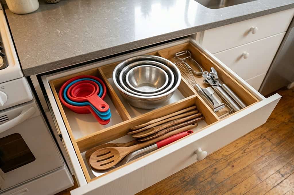 Space saving kitchen utensils including collapsible measuring cups nesting bowls and multi-purpose tools for small apartment kitchen drawer